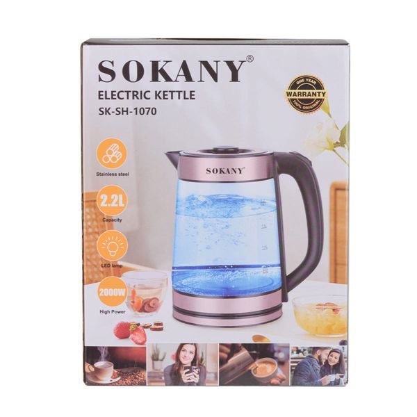 Электрочайник стеклянный Sokany SK-SH-1070 бесшумный с подсветкой 2,2 л, сталь SKSH1070CST фото