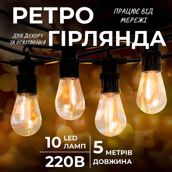 Ретро-гірлянда вулична 10 LED довжина 5 метрів, теплий білий S14Y фото