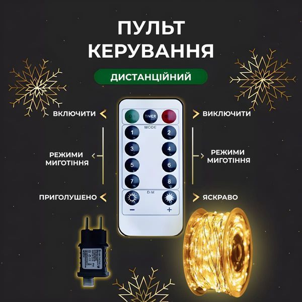 Гірлянда Роса нитка 500 LED довжина 50 м з пультом від мережі Прозорий Дріт, Жовтий 500L50MW фото