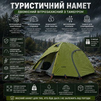 Намет туристичний двомісний вітрозахисний з тамбуром 210*180*135 см LU-018 фото
