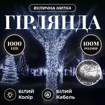 Гірлянда Нитка вулична 1000 LED 100 м від мережі білий дріт, білий (Холодний Білий) CF1000L100MWW фото