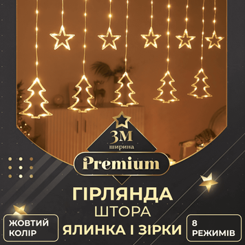 Гірлянда-штора Зірки та Ялинки розмір 3*0,9 м 10 фігур, Жовтий 17330 фото