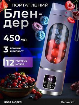 Блендер-шейкер портативний 2 в 1 для коктейлів 450 мл з USB-зарядкою, сірий HP-11-10G фото