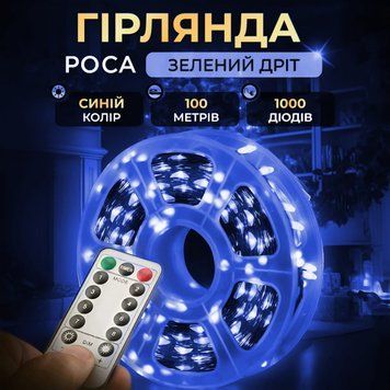 Гірлянда Роса нитка 1000 LED довжина 100 м з пультом від мережі Зелений Дріт, Синій 1000L100MG фото